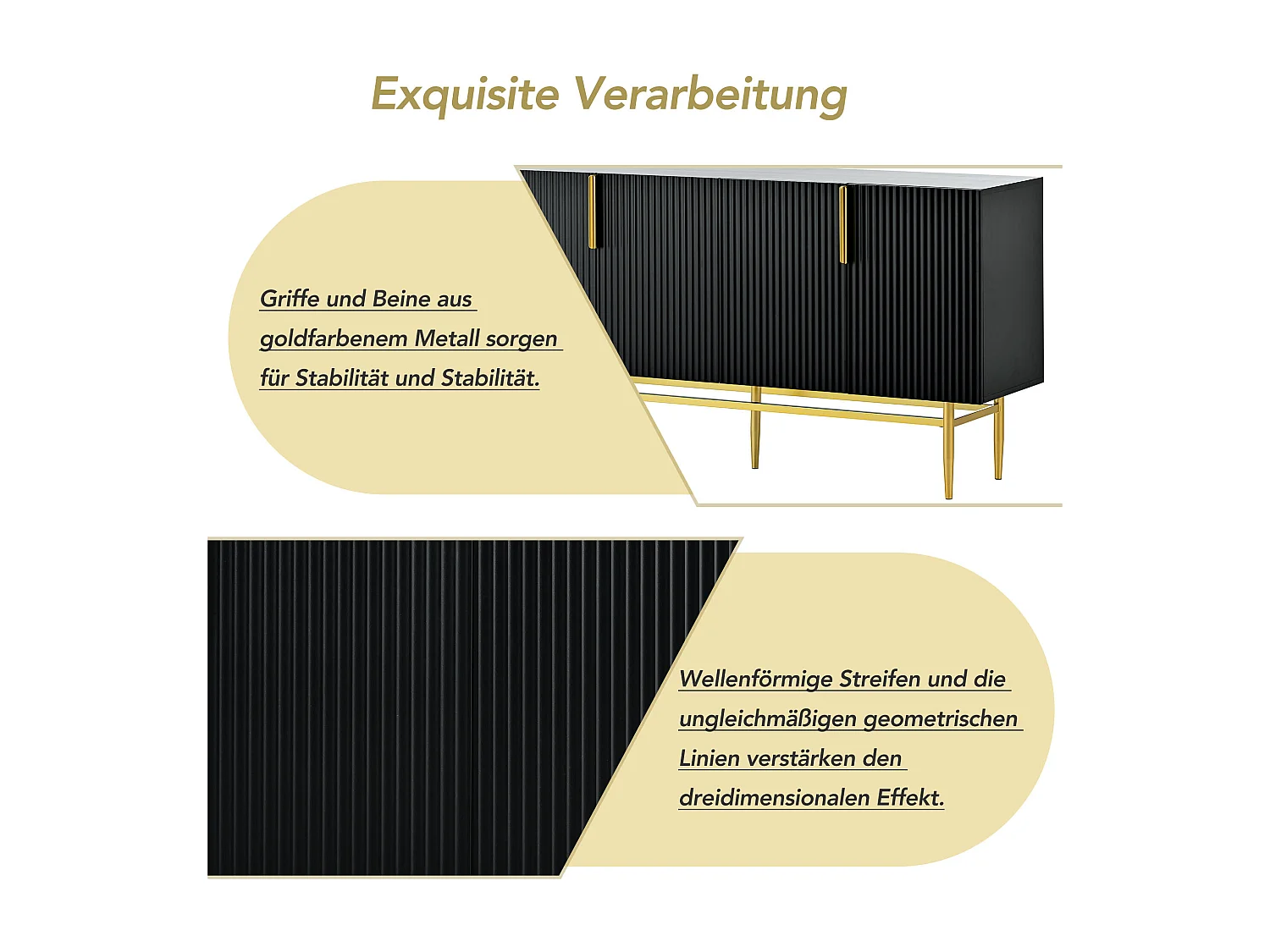 URBAN MEUBLE Buffet noir design nervuré 4 portes avec accents dorés