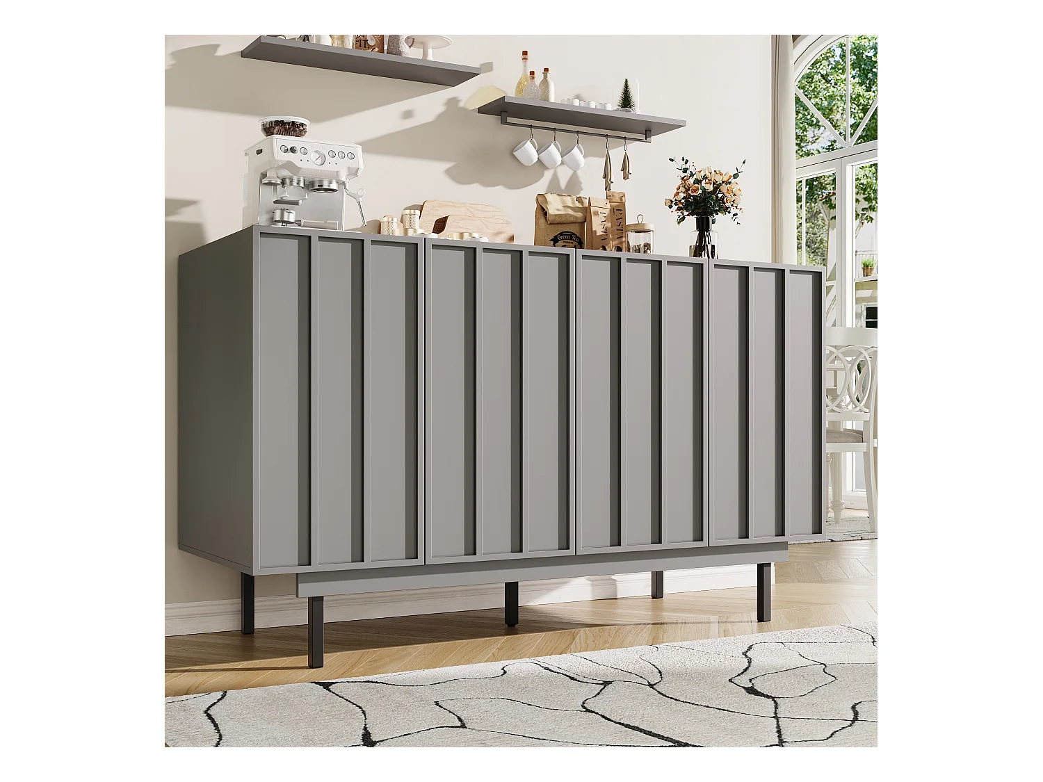URBAN MEUBLE Buffet contemporain noir mat avec 4 portes rainurées et système push-to-open