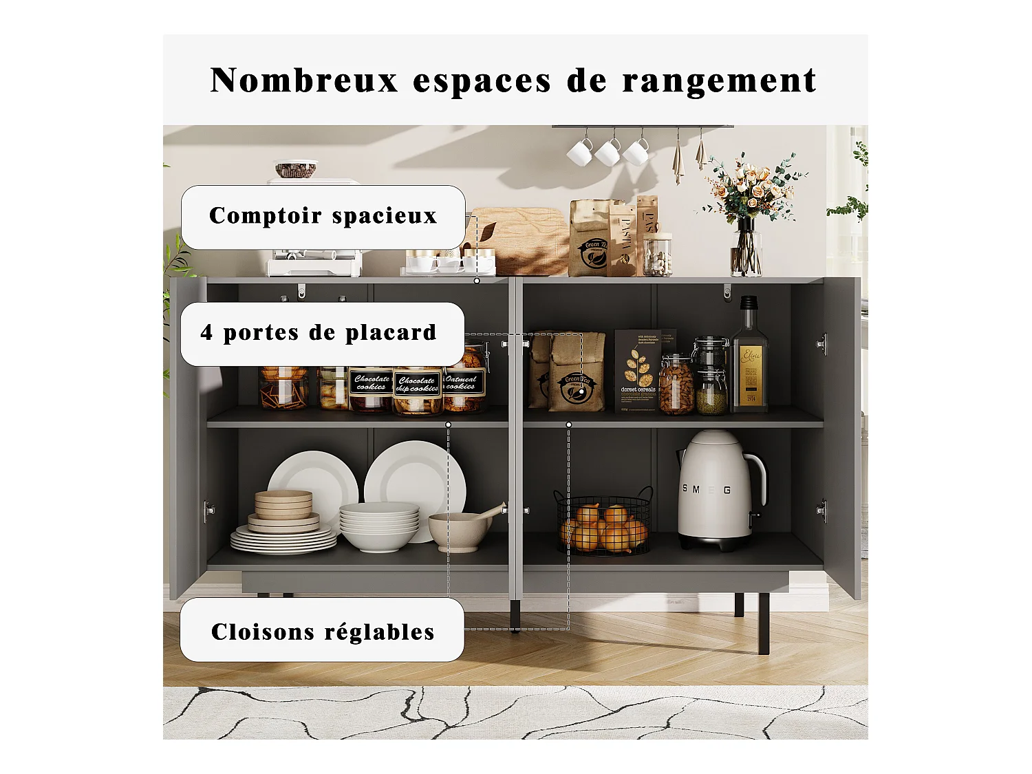 URBAN MEUBLE Buffet contemporain noir mat avec 4 portes rainurées et système push-to-open