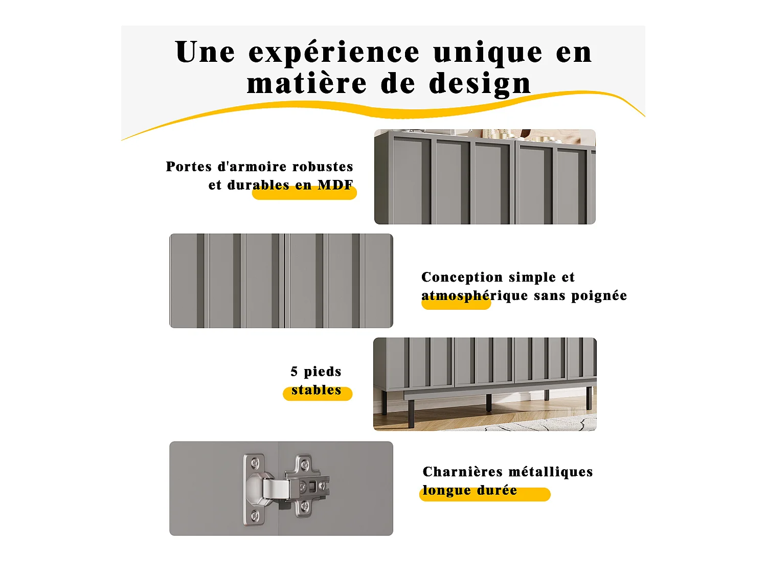 URBAN MEUBLE Buffet contemporain noir mat avec 4 portes rainurées et système push-to-open