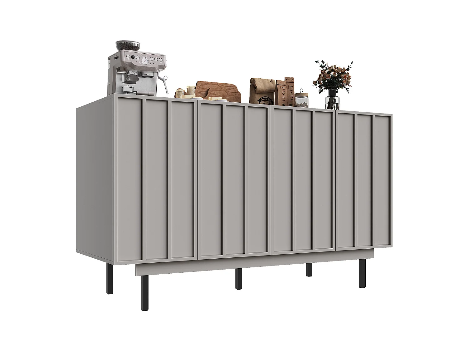 URBAN MEUBLE Buffet contemporain noir mat avec 4 portes rainurées et système push-to-open