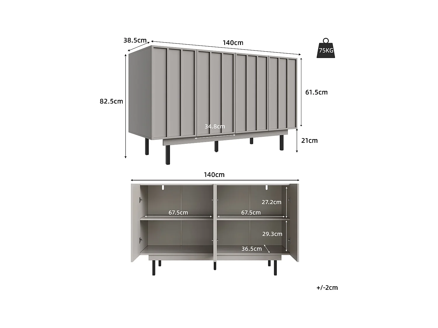 URBAN MEUBLE Buffet contemporain noir mat avec 4 portes rainurées et système push-to-open
