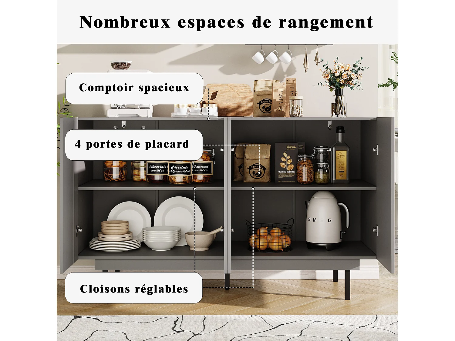 URBAN MEUBLE Buffet contemporain noir mat avec 4 portes rainurées et système push-to-open