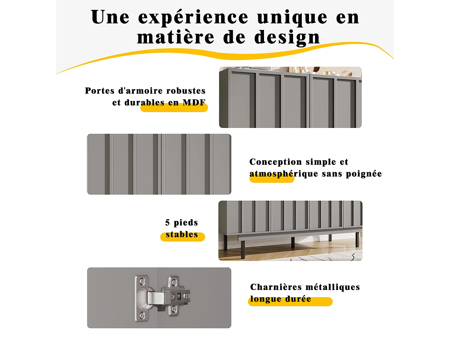 URBAN MEUBLE Buffet contemporain noir mat avec 4 portes rainurées et système push-to-open