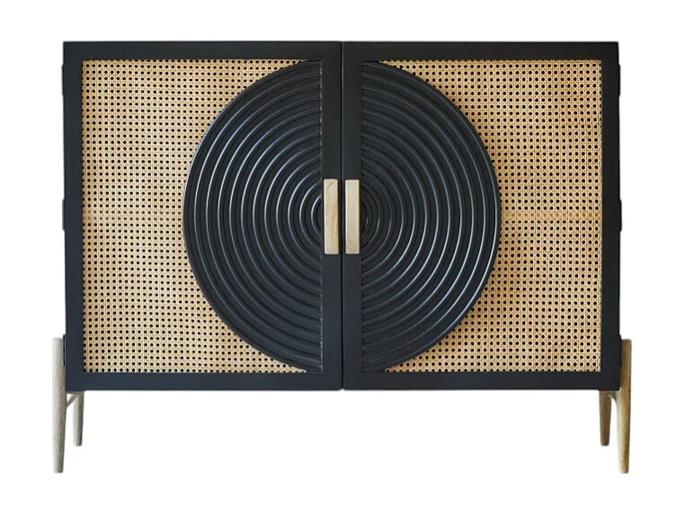 Credenza Sina 115 cm in legno di mango massello nero e rattan