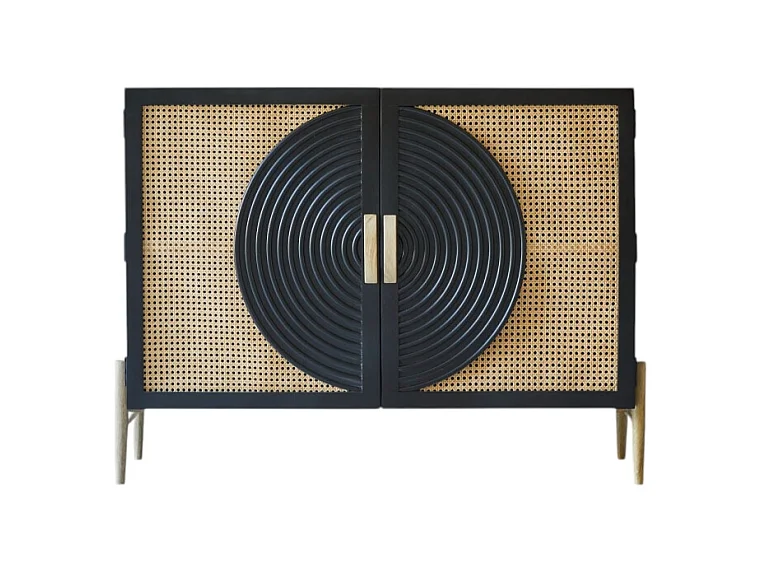 Anrichte aus massivem Mangoholz schwarz und Rattan Sina 115 cm