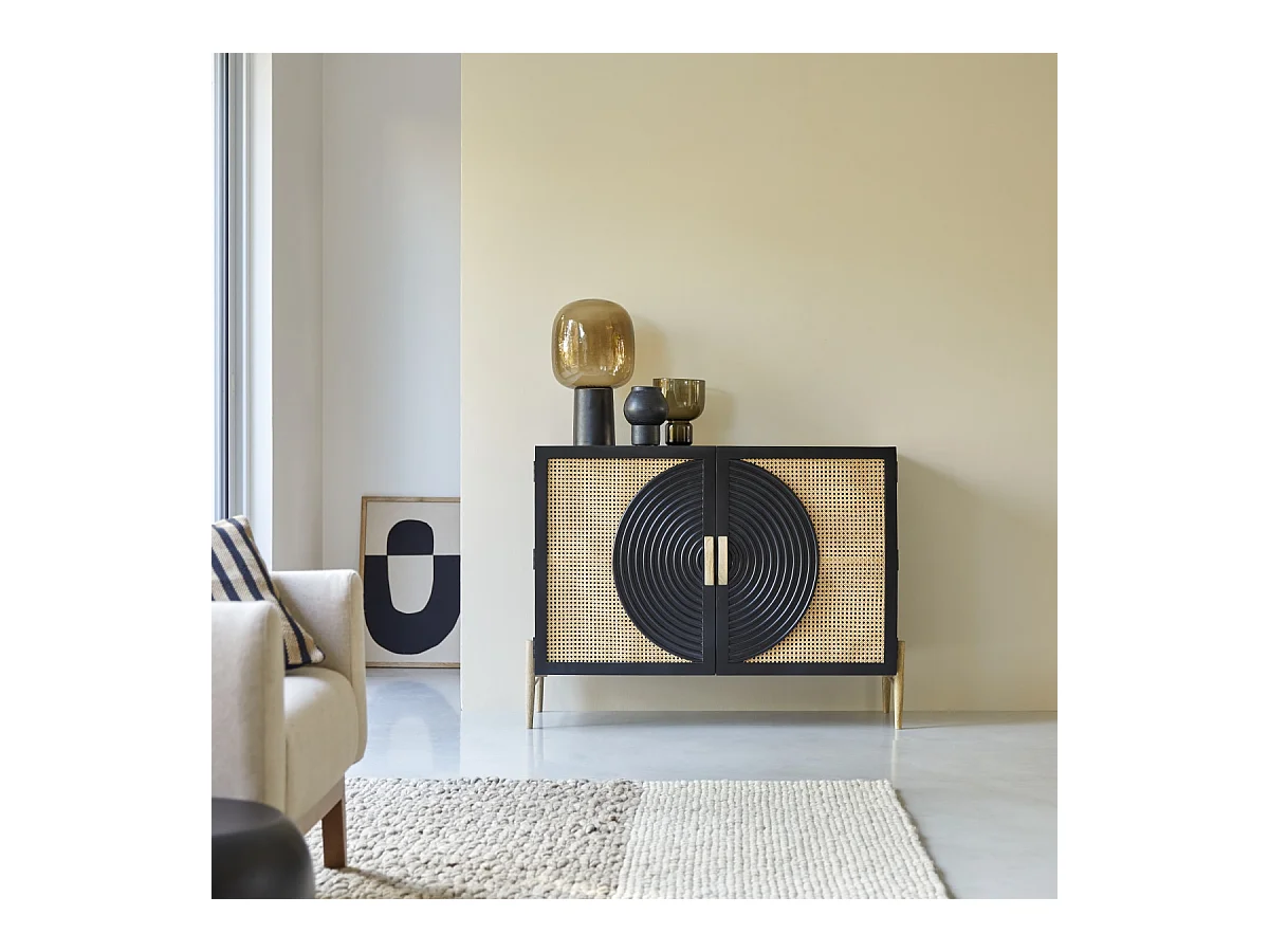 Anrichte aus massivem Mangoholz schwarz und Rattan Sina 115 cm
