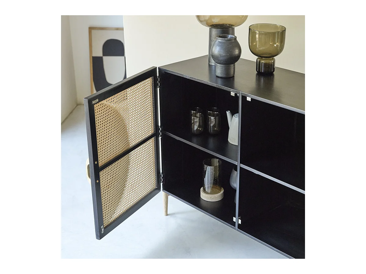 Anrichte aus massivem Mangoholz schwarz und Rattan Sina 115 cm