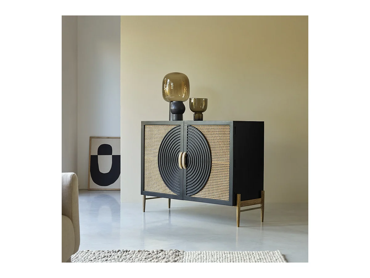 Anrichte aus massivem Mangoholz schwarz und Rattan Sina 115 cm