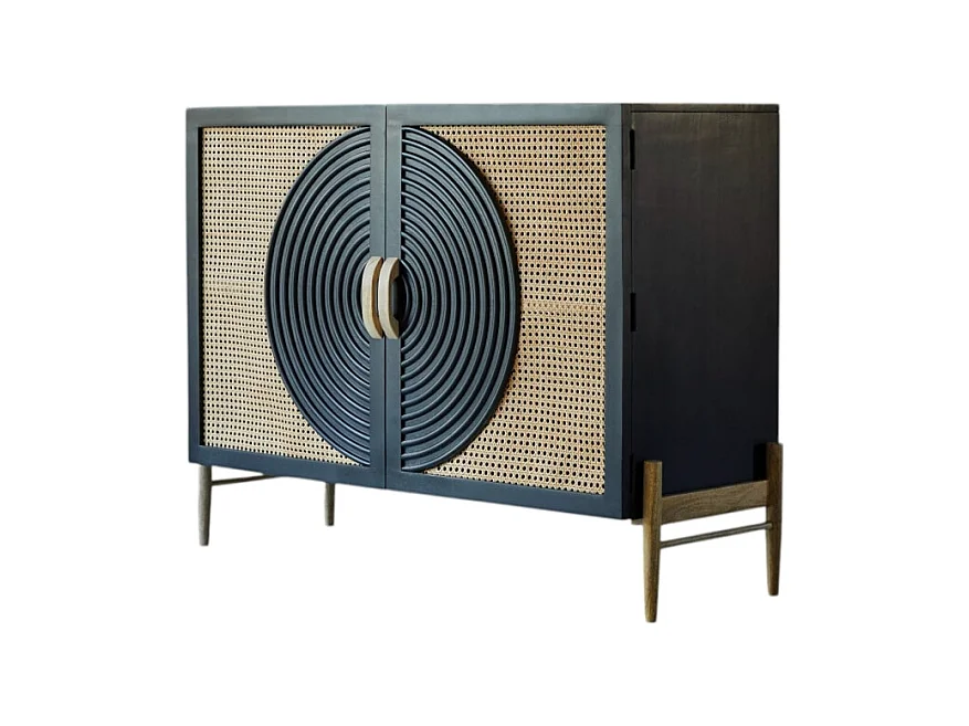 Anrichte aus massivem Mangoholz schwarz und Rattan Sina 115 cm