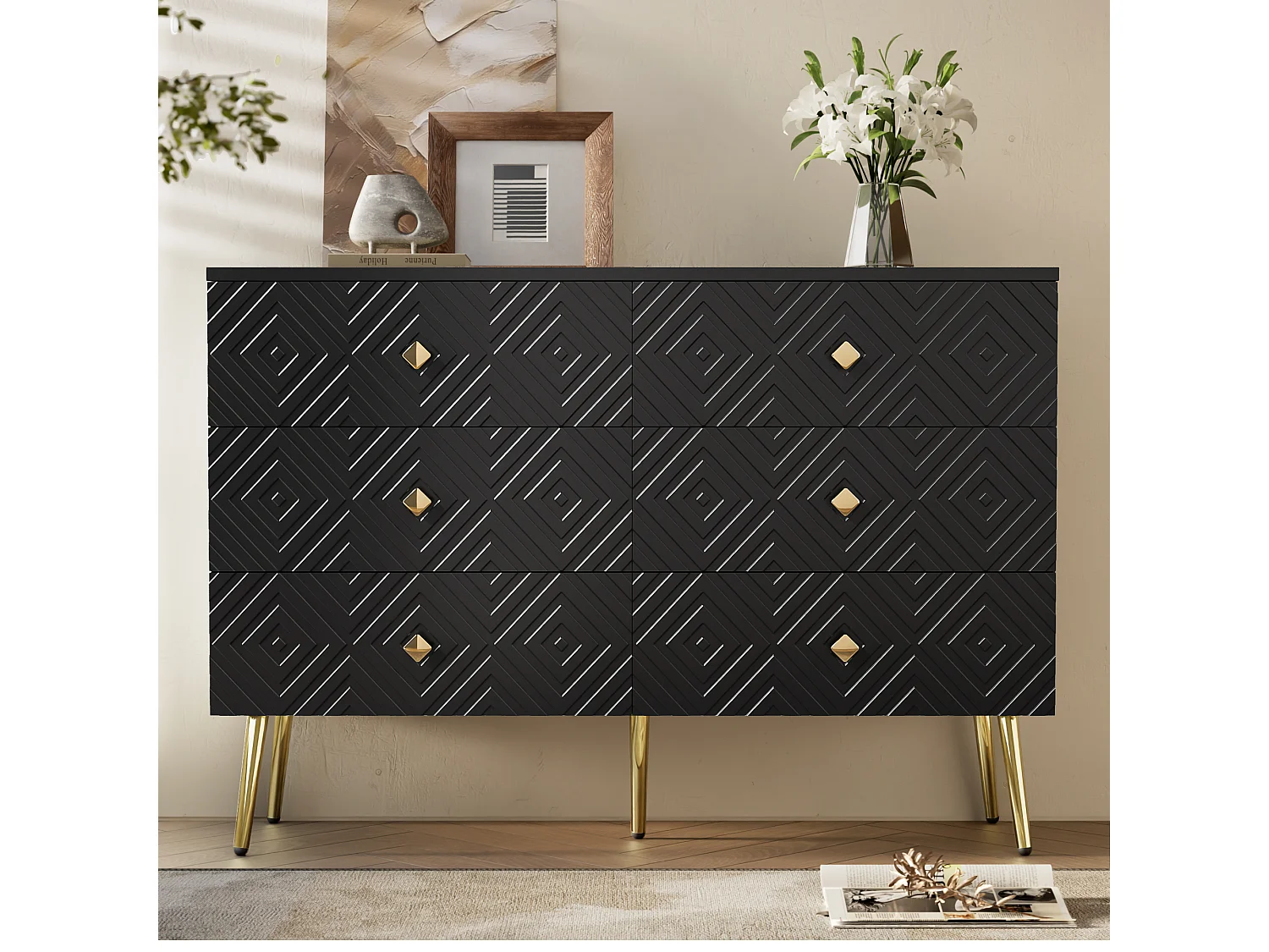 URBAN MEUBLE Buffet 6 tiroirs noire avec motifs géométriques et pieds dorés