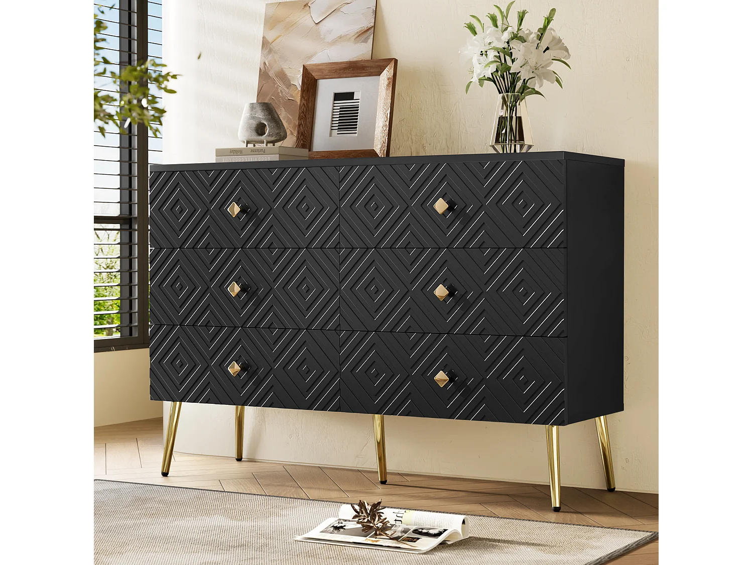 URBAN MEUBLE Buffet 6 tiroirs noire avec motifs géométriques et pieds dorés