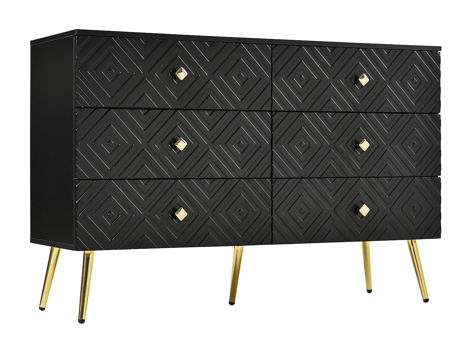 URBAN MEUBLE Buffet 6 tiroirs noire avec motifs géométriques et pieds dorés