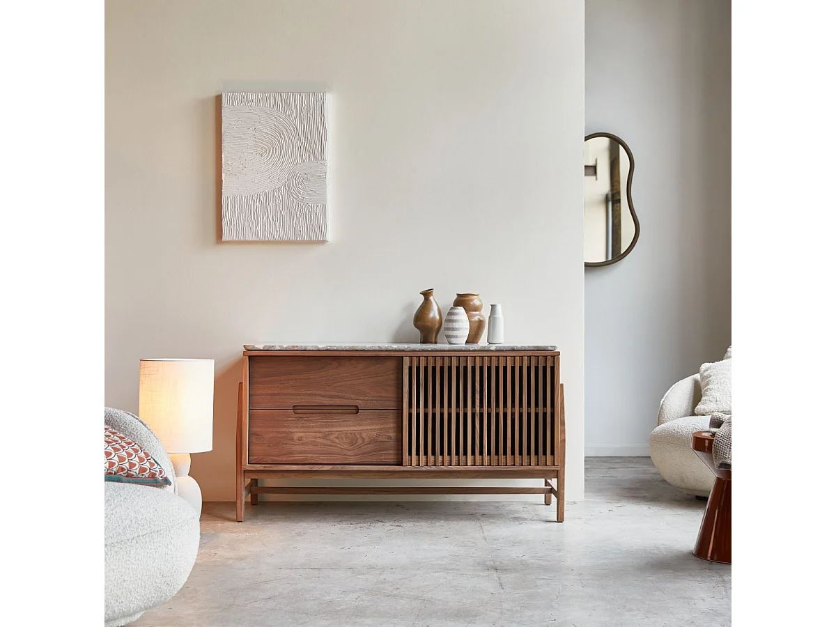 Buffet Isaure en bois de noyer massif et terrazzo premium 140 cm