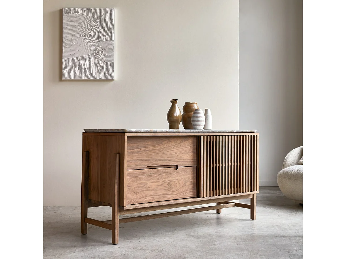 Buffet Isaure en bois de noyer massif et terrazzo premium 140 cm