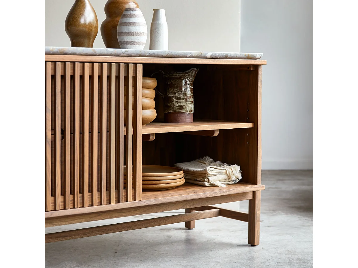 Buffet Isaure en bois de noyer massif et terrazzo premium 140 cm
