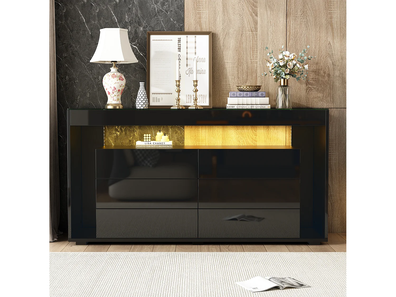 Aparador 140x40x72cm - Mueble de almacenaje de 6 cajones con iluminación LED - tapa de cristal templado - negro