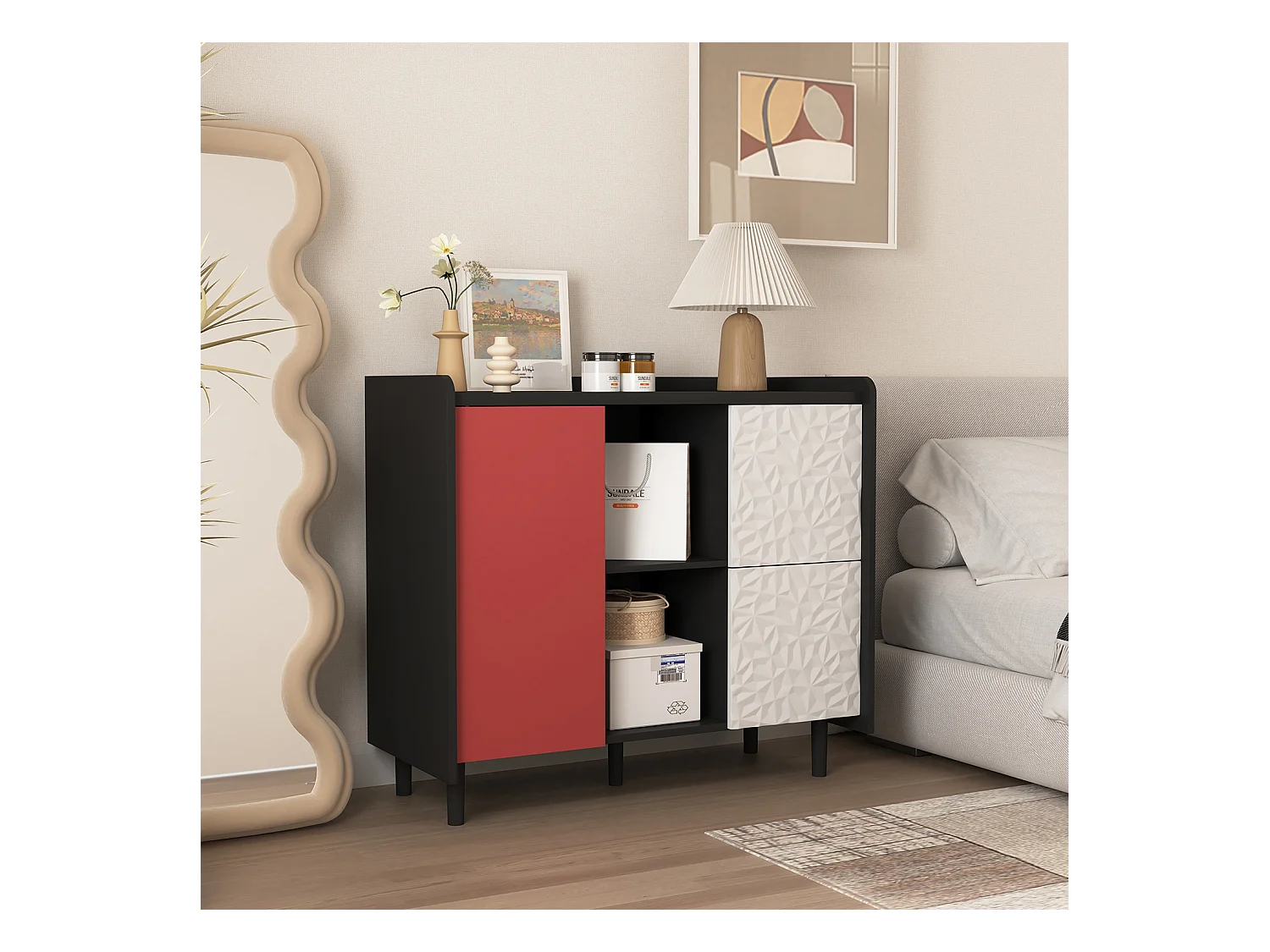 Credenza nera - Credenza con 2 cassetti e 1 anta - 2 vani portaoggetti aperti - per sala da pranzo e soggiorno