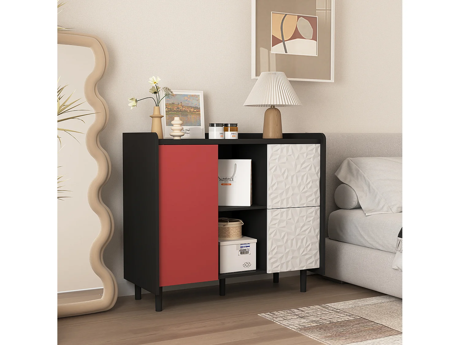 Credenza nera - Credenza con 2 cassetti e 1 anta - 2 vani portaoggetti aperti - per sala da pranzo e soggiorno