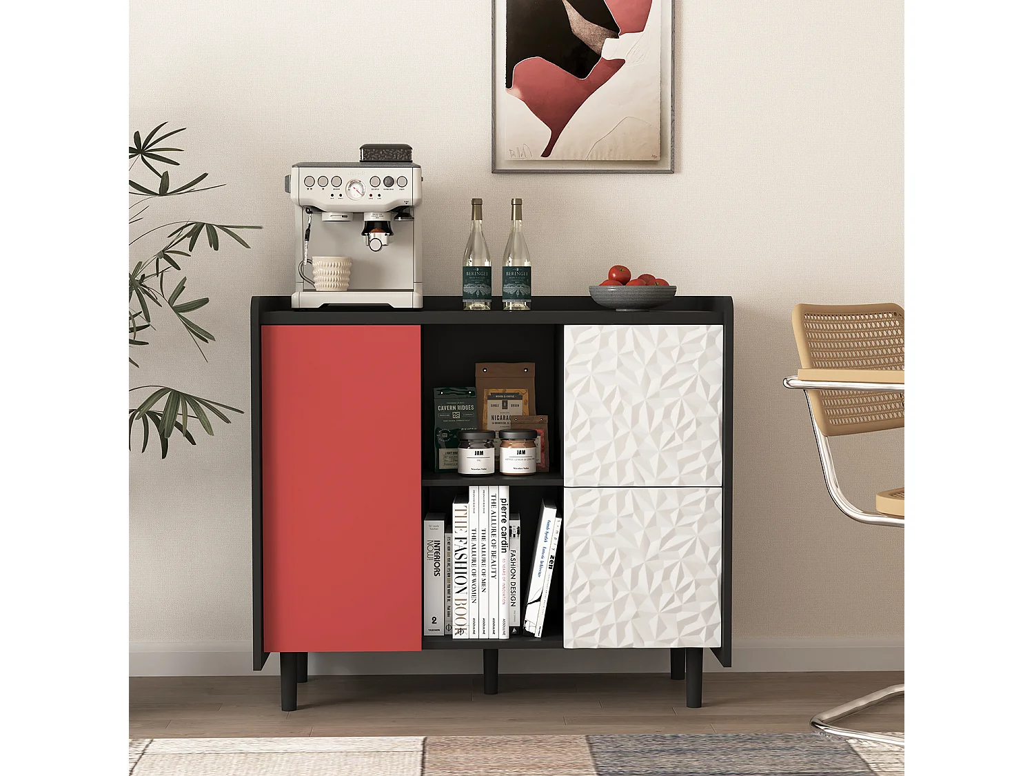 Credenza nera - Credenza con 2 cassetti e 1 anta - 2 vani portaoggetti aperti - per sala da pranzo e soggiorno
