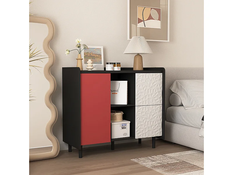 Credenza nera - Credenza con 2 cassetti e 1 anta - 2 vani portaoggetti aperti - per sala da pranzo e soggiorno