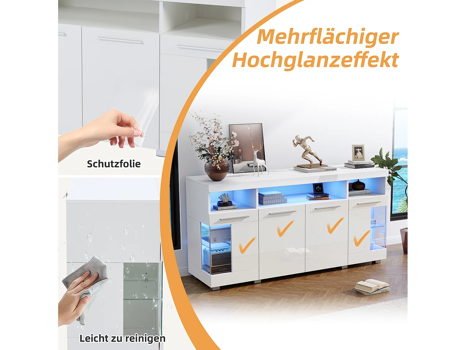 Credenza moderna - 140 x 40 x 70 cm - Mobiletto laterale - con LED + 4 ante + 3 vani portaoggetti in vetro temperato - MDF - Bianco