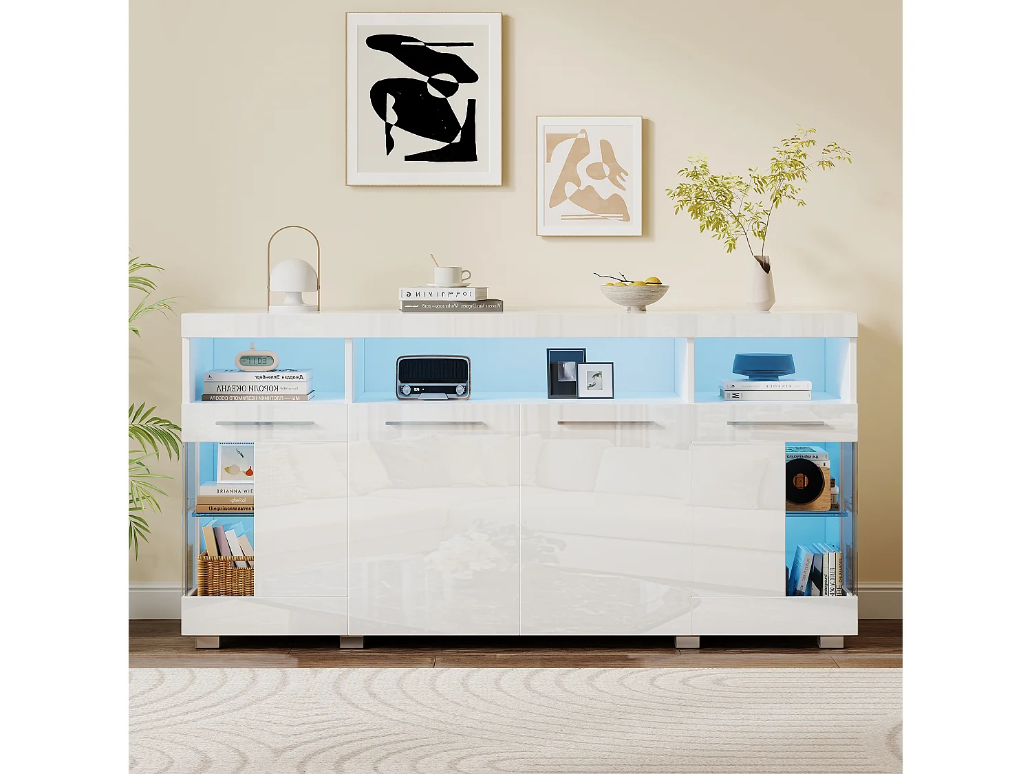 Buffet moderne - 140 x 40 x 70 cm - meuble d'appoint - avec Leds + 4 portes + 3 rangements en verre trempé - MDF - blanc