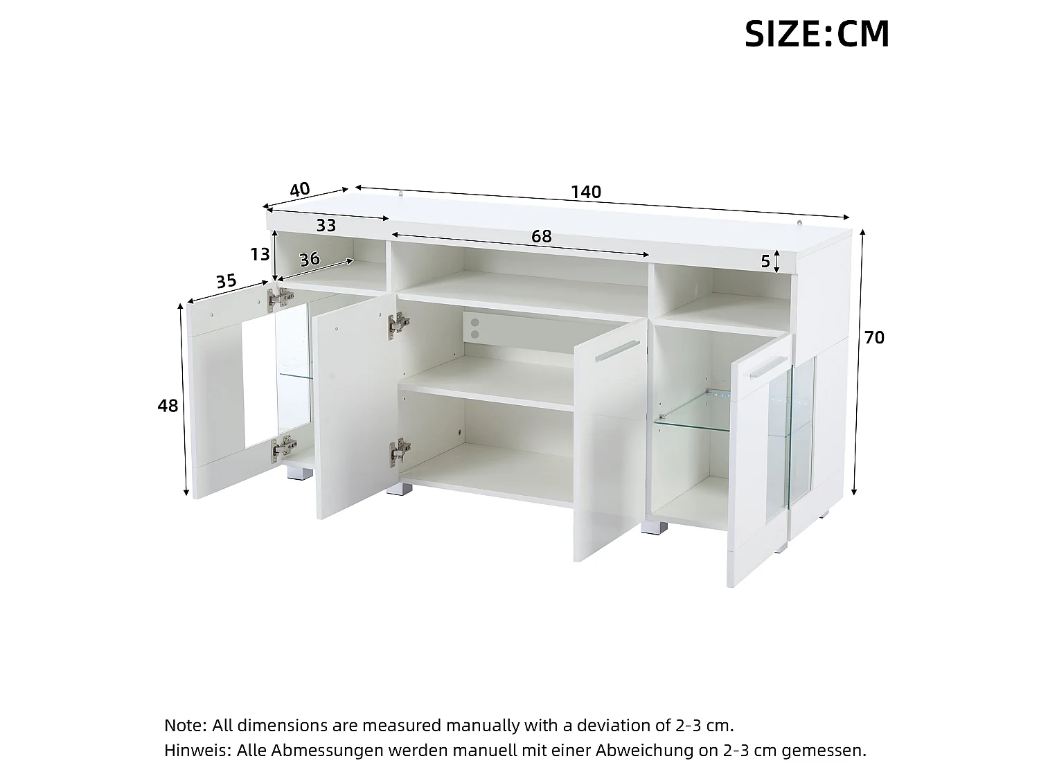 Buffet moderne - 140 x 40 x 70 cm - meuble d'appoint - avec Leds + 4 portes + 3 rangements en verre trempé - MDF - blanc