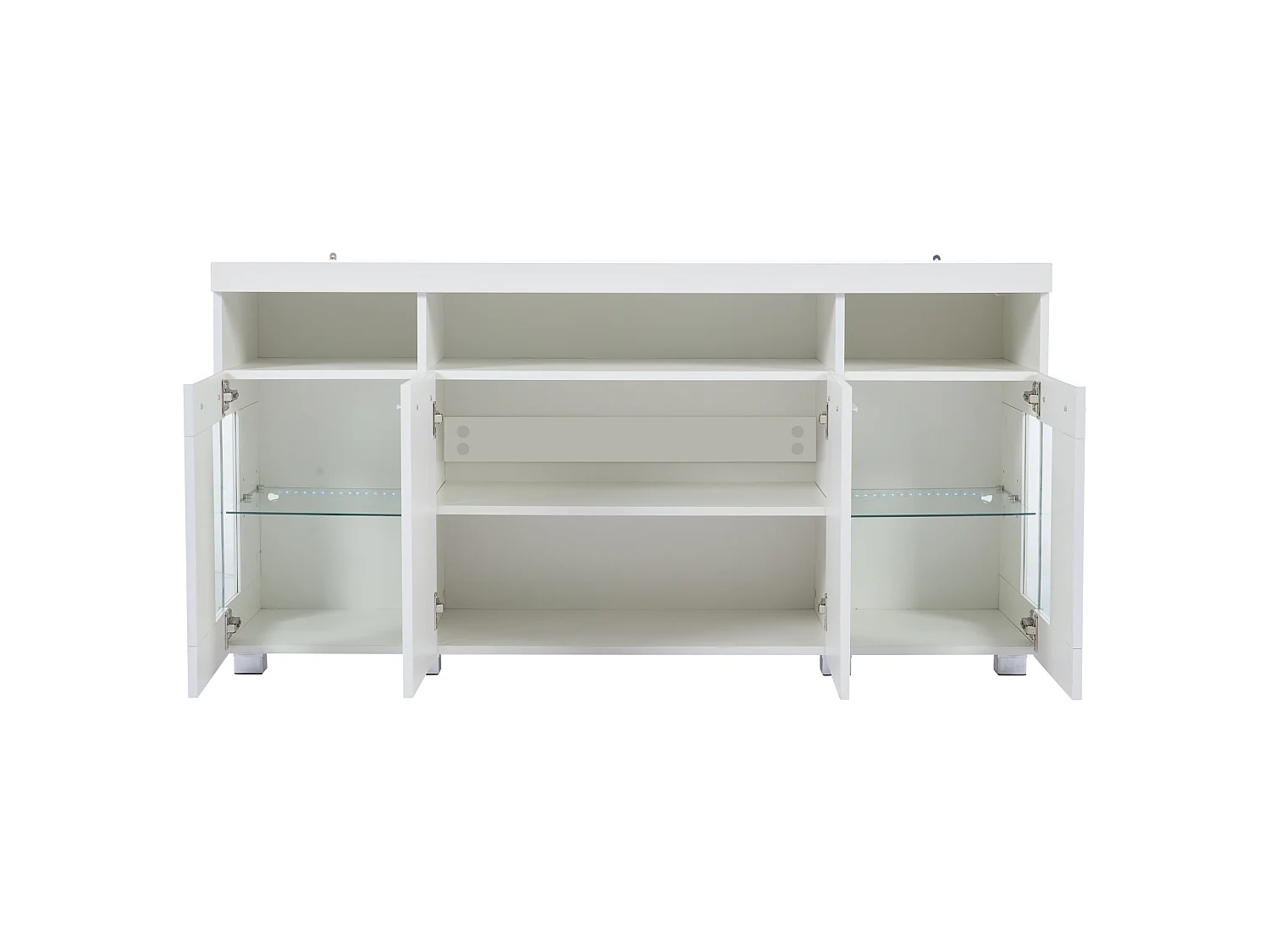 Buffet moderne - 140 x 40 x 70 cm - meuble d'appoint - avec Leds + 4 portes + 3 rangements en verre trempé - MDF - blanc