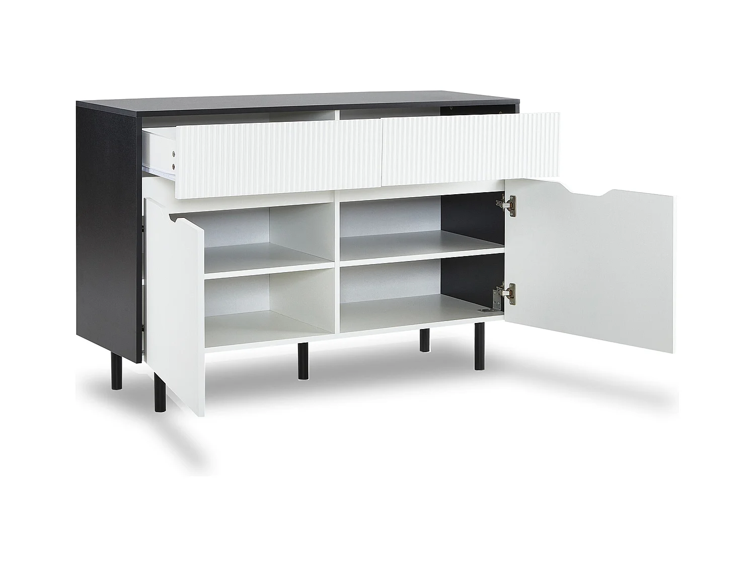 Buffet bas - design noir et blanc - buffet de salon avec 2 portes et 2 tiroirs - étagères réglables