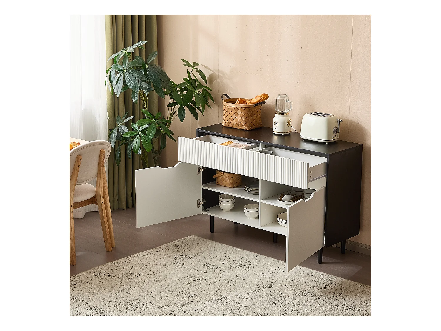 Buffet bas - design noir et blanc - buffet de salon avec 2 portes et 2 tiroirs - étagères réglables