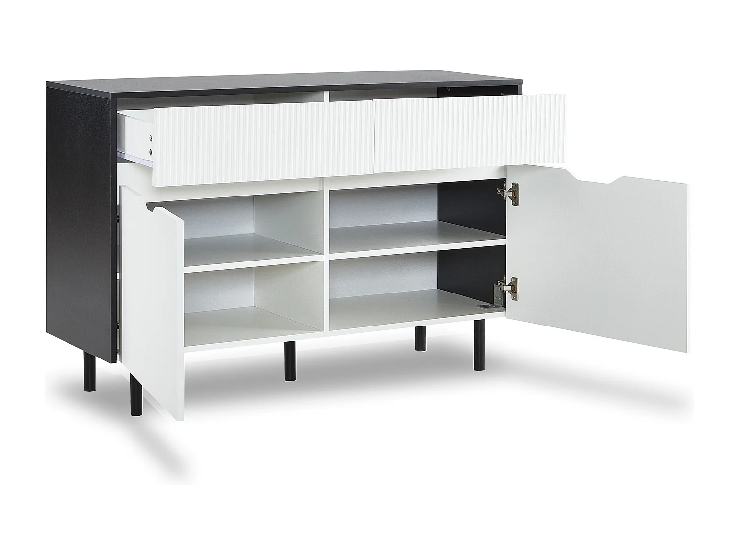 Credenza bassa - design bianco e nero - credenza da soggiorno con 2 ante e 2 cassetti - ripiani regolabili