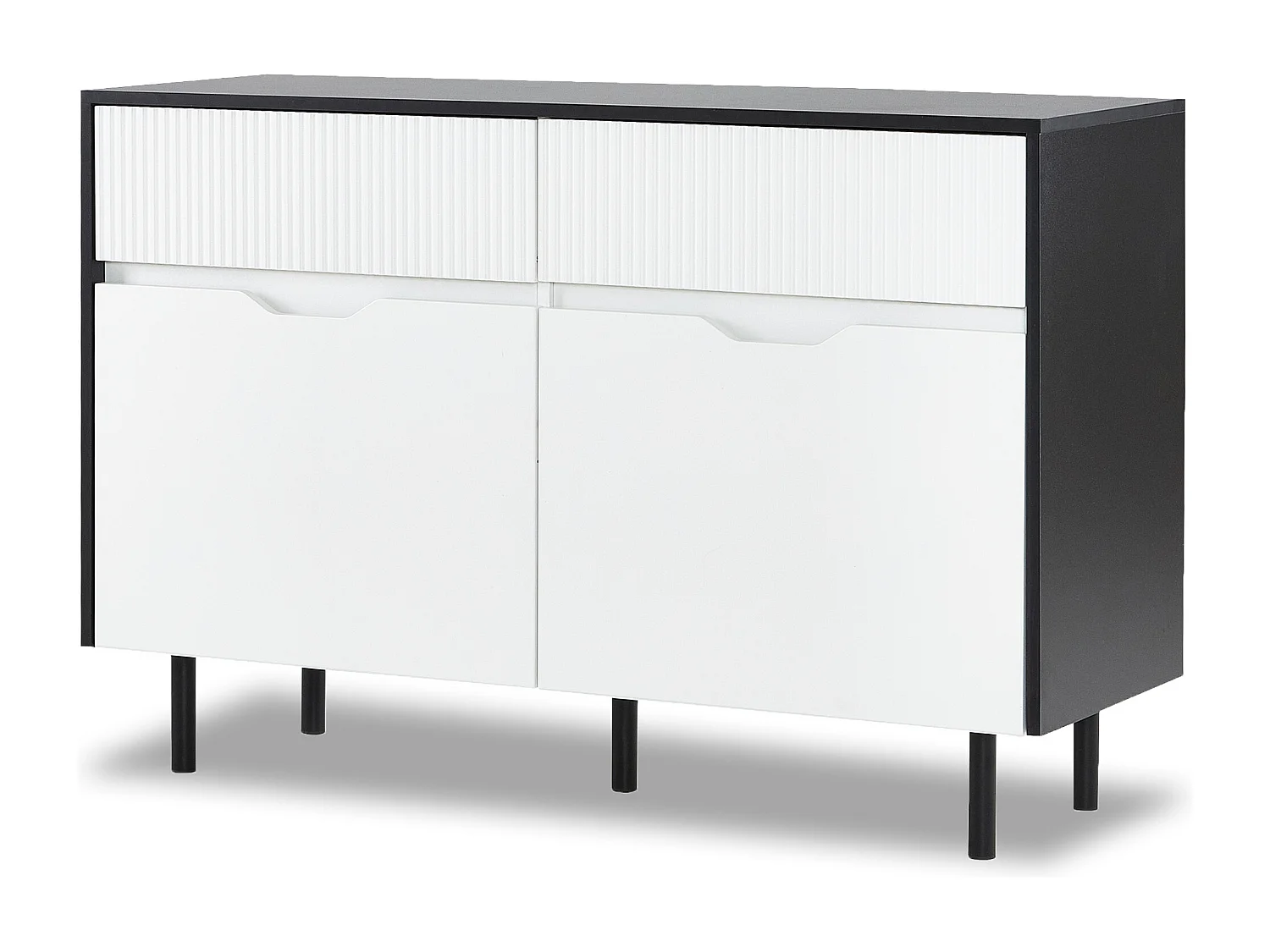 Credenza bassa - design bianco e nero - credenza da soggiorno con 2 ante e 2 cassetti - ripiani regolabili