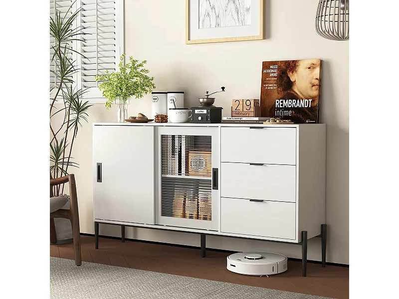 Credenza bianca 155 cm - Credenza con 3 cassetti e 2 ante scorrevoli - vetro rigato - per cucina e soggiorno