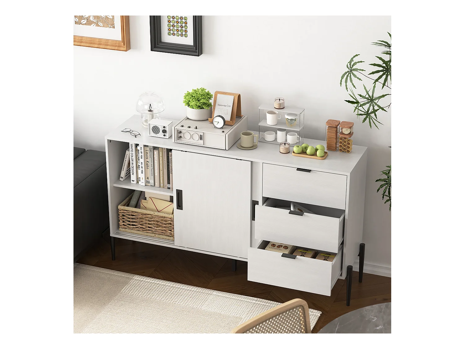 Credenza bianca 155 cm - Credenza con 3 cassetti e 2 ante scorrevoli - vetro rigato - per cucina e soggiorno