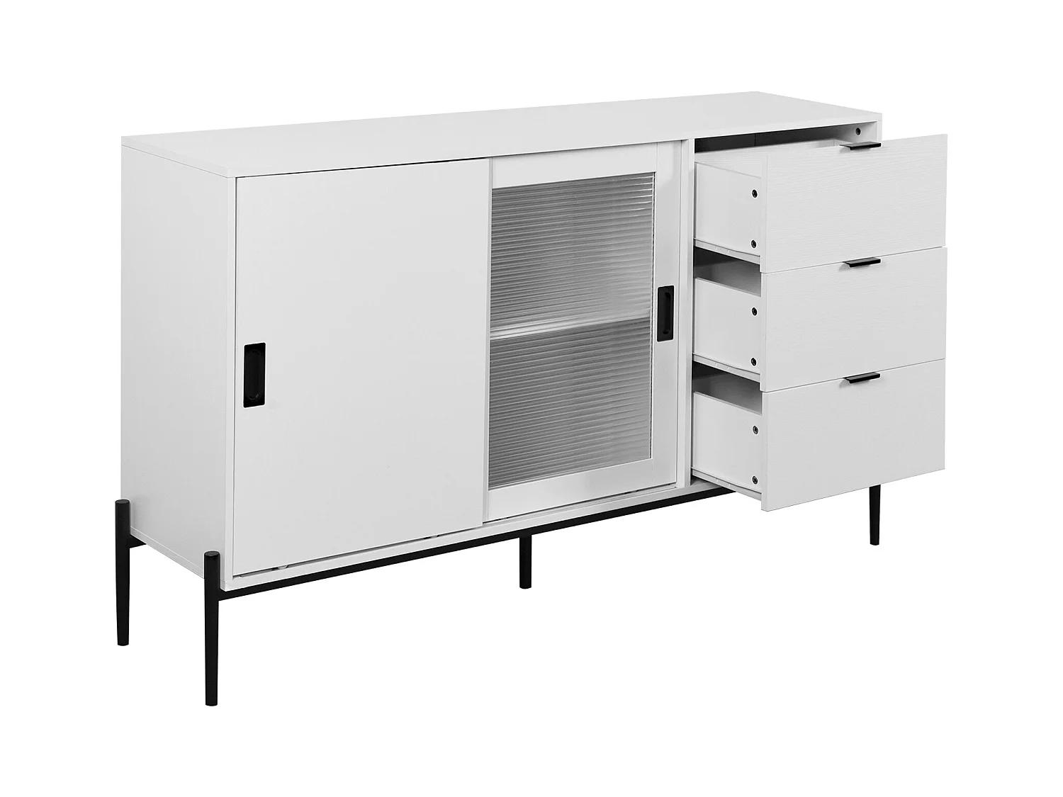 Credenza bianca 155 cm - Credenza con 3 cassetti e 2 ante scorrevoli - vetro rigato - per cucina e soggiorno