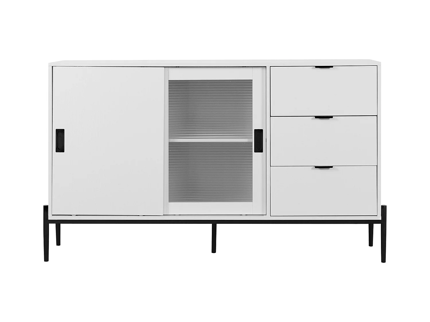 Credenza bianca 155 cm - Credenza con 3 cassetti e 2 ante scorrevoli - vetro rigato - per cucina e soggiorno