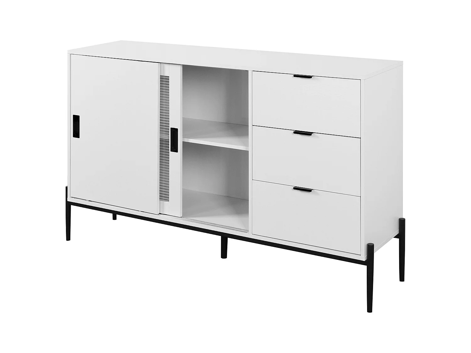 Credenza bianca 155 cm - Credenza con 3 cassetti e 2 ante scorrevoli - vetro rigato - per cucina e soggiorno