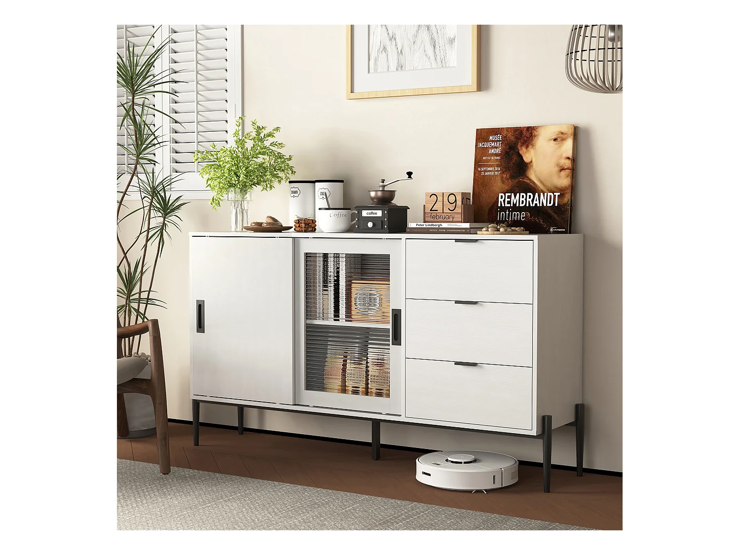 Buffet blanc 155 cm - Buffet avec 3 tiroirs et 2 portes coulissantes - verre strié - pour cuisine et salon