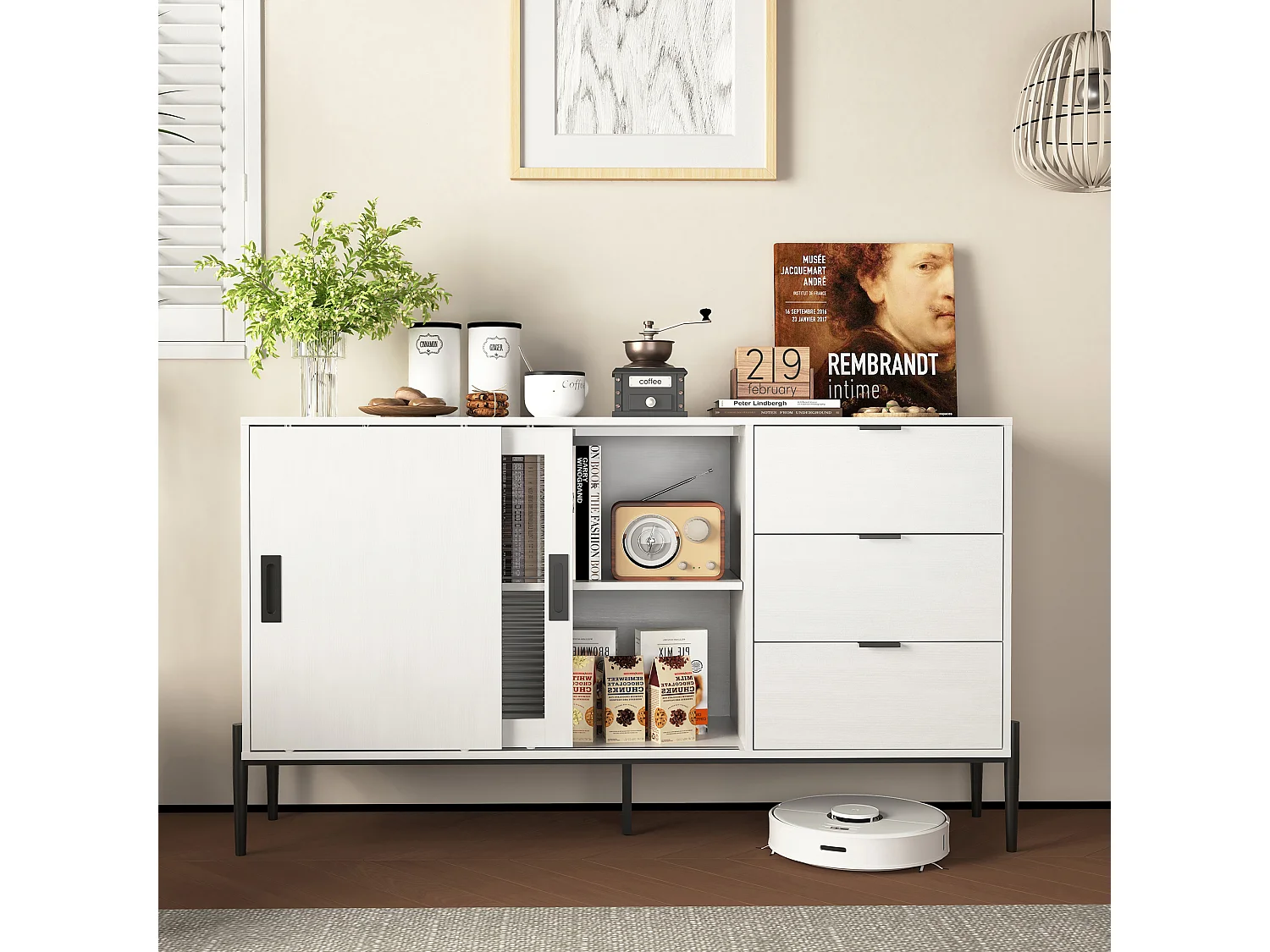 Credenza bianca 155 cm - Credenza con 3 cassetti e 2 ante scorrevoli - vetro rigato - per cucina e soggiorno