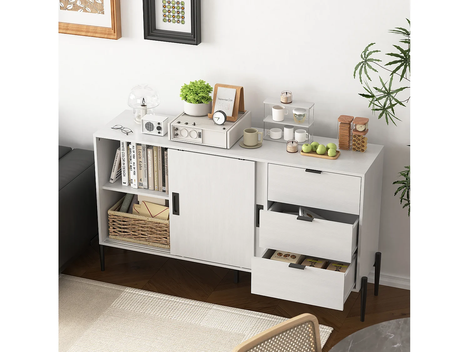 Credenza bianca 155 cm - Credenza con 3 cassetti e 2 ante scorrevoli - vetro rigato - per cucina e soggiorno