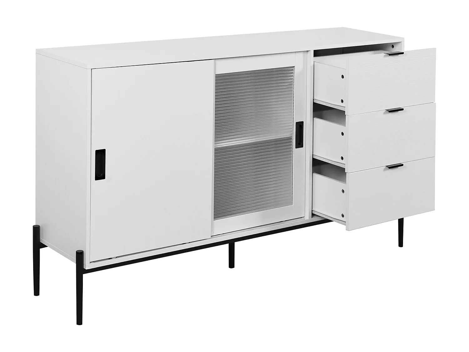 Credenza bianca 155 cm - Credenza con 3 cassetti e 2 ante scorrevoli - vetro rigato - per cucina e soggiorno