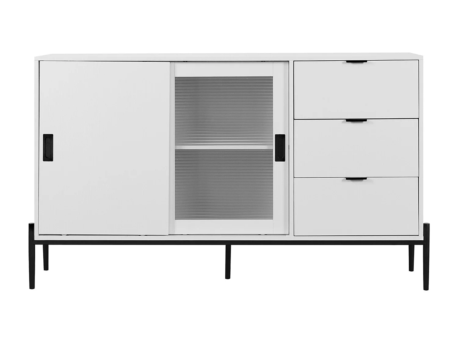 Credenza bianca 155 cm - Credenza con 3 cassetti e 2 ante scorrevoli - vetro rigato - per cucina e soggiorno