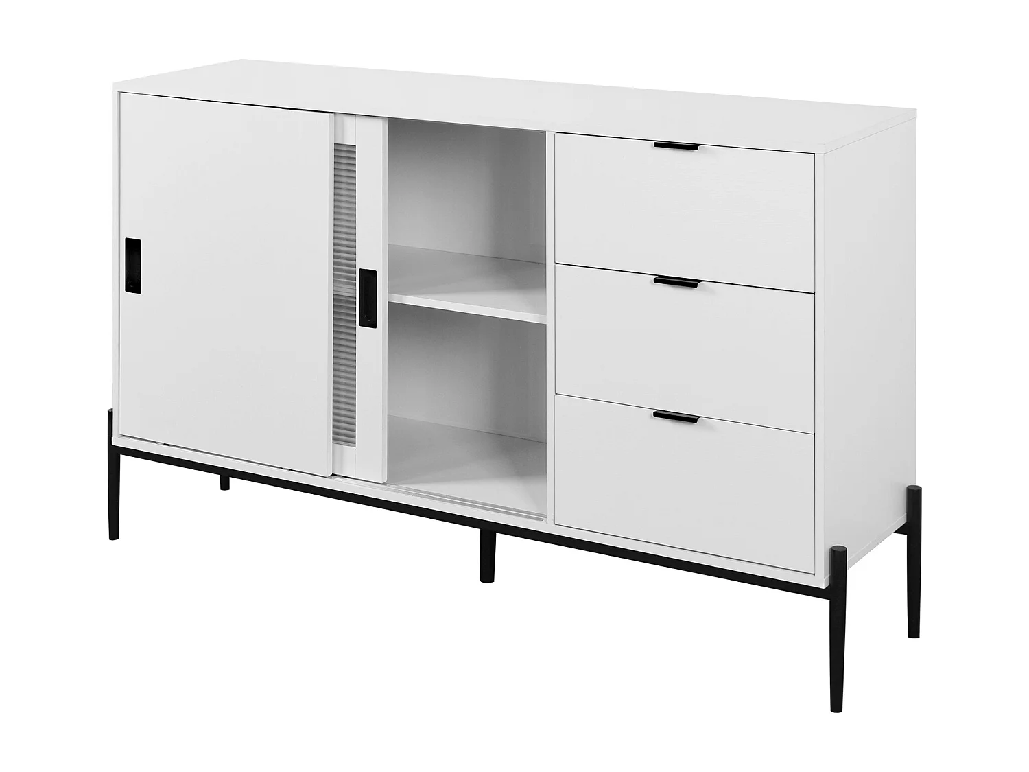 Credenza bianca 155 cm - Credenza con 3 cassetti e 2 ante scorrevoli - vetro rigato - per cucina e soggiorno