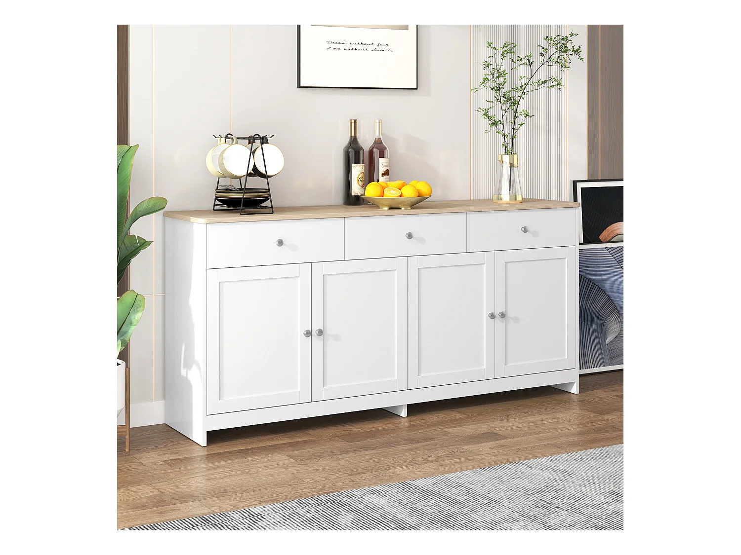 URBAN MEUBLE Buffet blanc et effet bois 4 portes 3 tiroirs 160*37*75cm