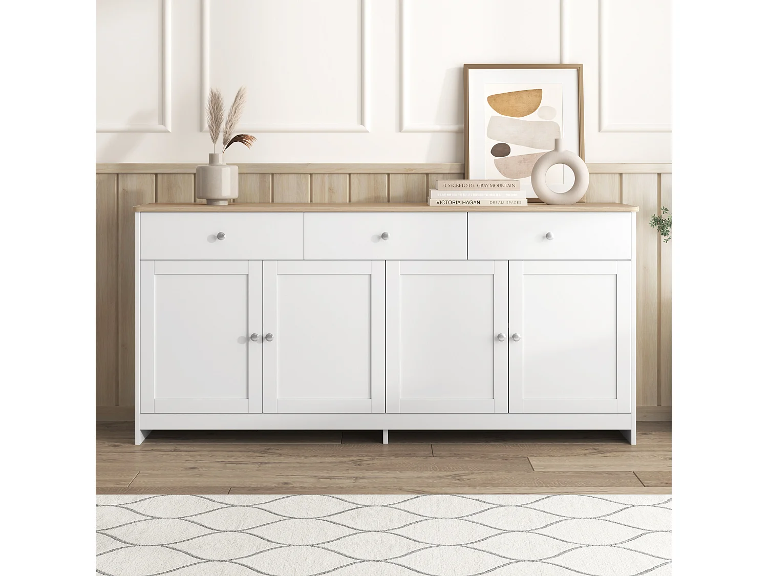 URBAN MEUBLE Buffet blanc et effet bois 4 portes 3 tiroirs 160*37*75cm