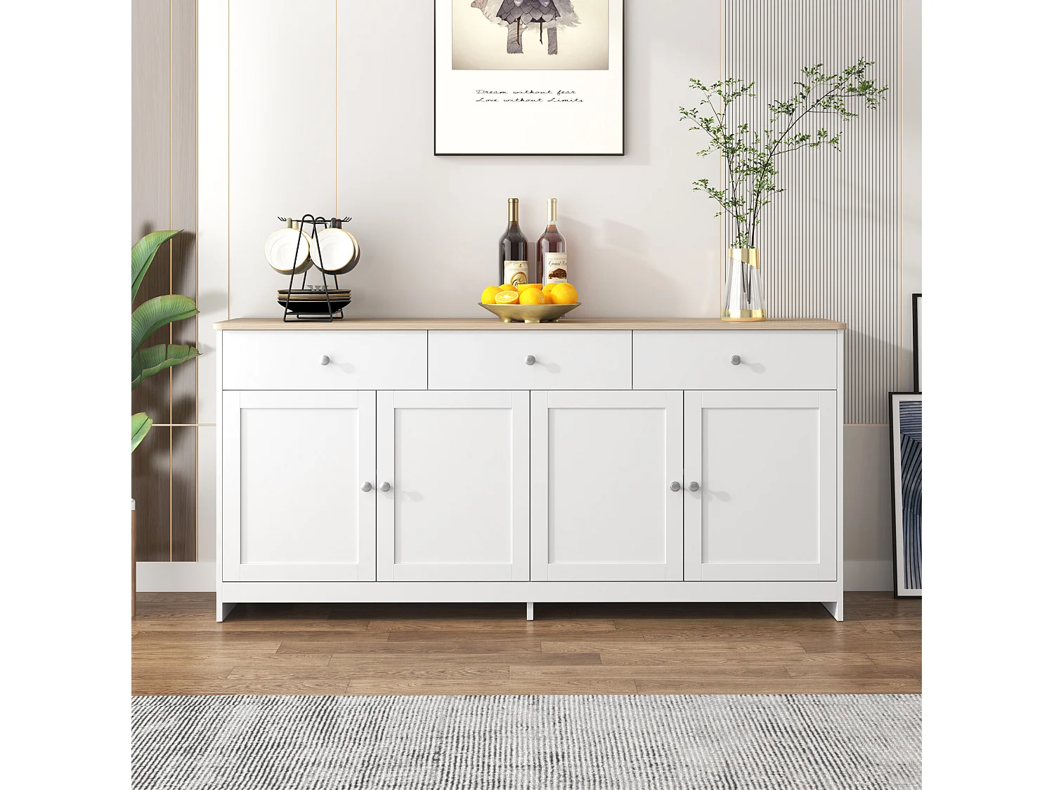 URBAN MEUBLE Buffet blanc et effet bois 4 portes 3 tiroirs 160*37*75cm