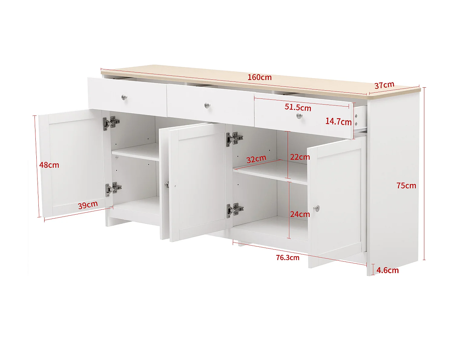 URBAN MEUBLE Buffet blanc et effet bois 4 portes 3 tiroirs 160*37*75cm