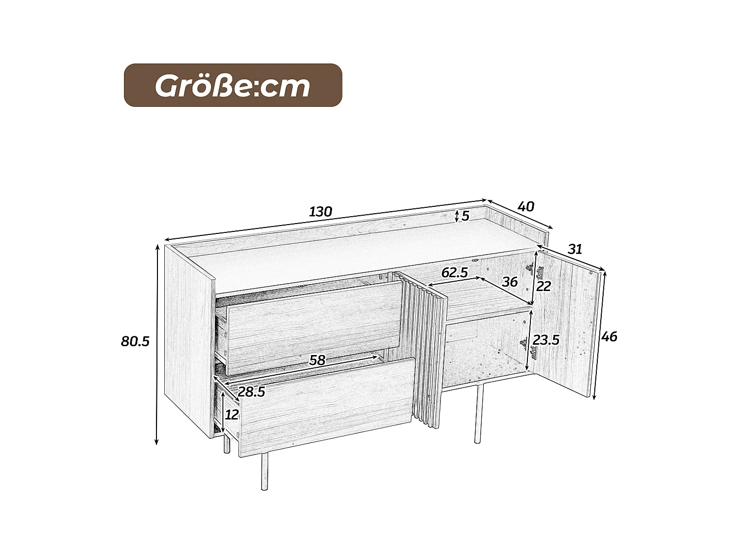 Credenza moderna - Credenza con 2 cassetti e 2 ante - Colore legno e nero - per soggiorno e sala da pranzo
