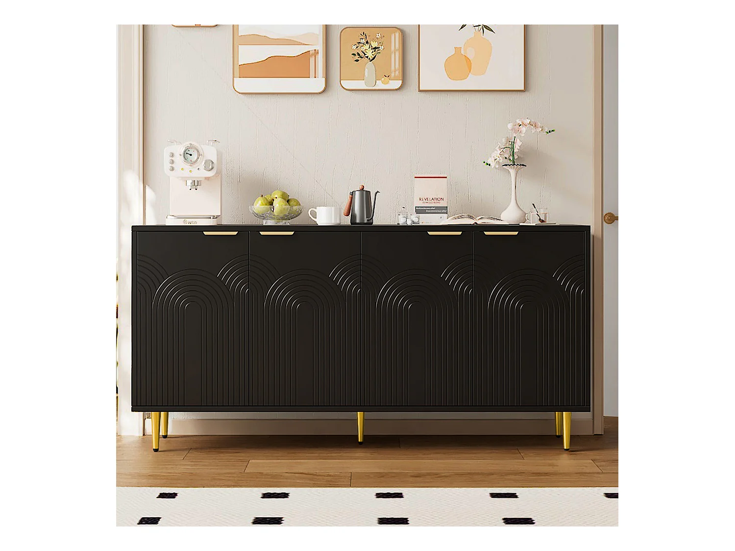 Wohnzimmer-Sideboard – 160 x 40 x 80 cm – mit 4 Türen + glänzenden Beinen – Spanplatte – Schwarz